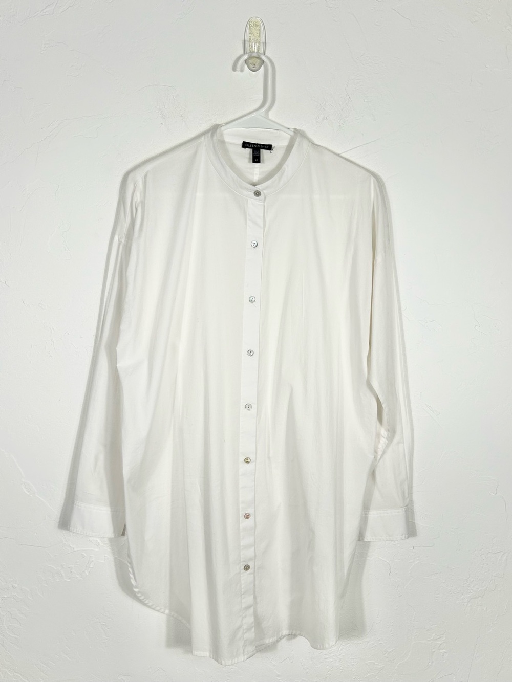Eileen Fisher White Organic Cotton Mandarin Collar Button‎ Down Tunic Shirt